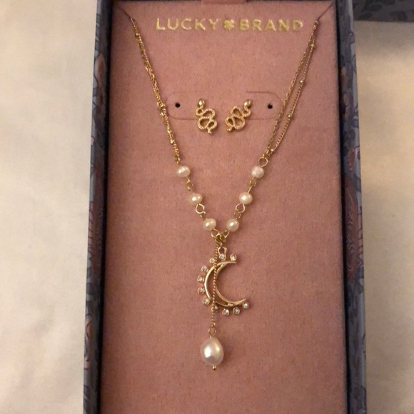 Lucky Brand Gold Tone Snake Stud Earrings & Moon Lariat Necklace NWT & Box - Picture 3 of 15